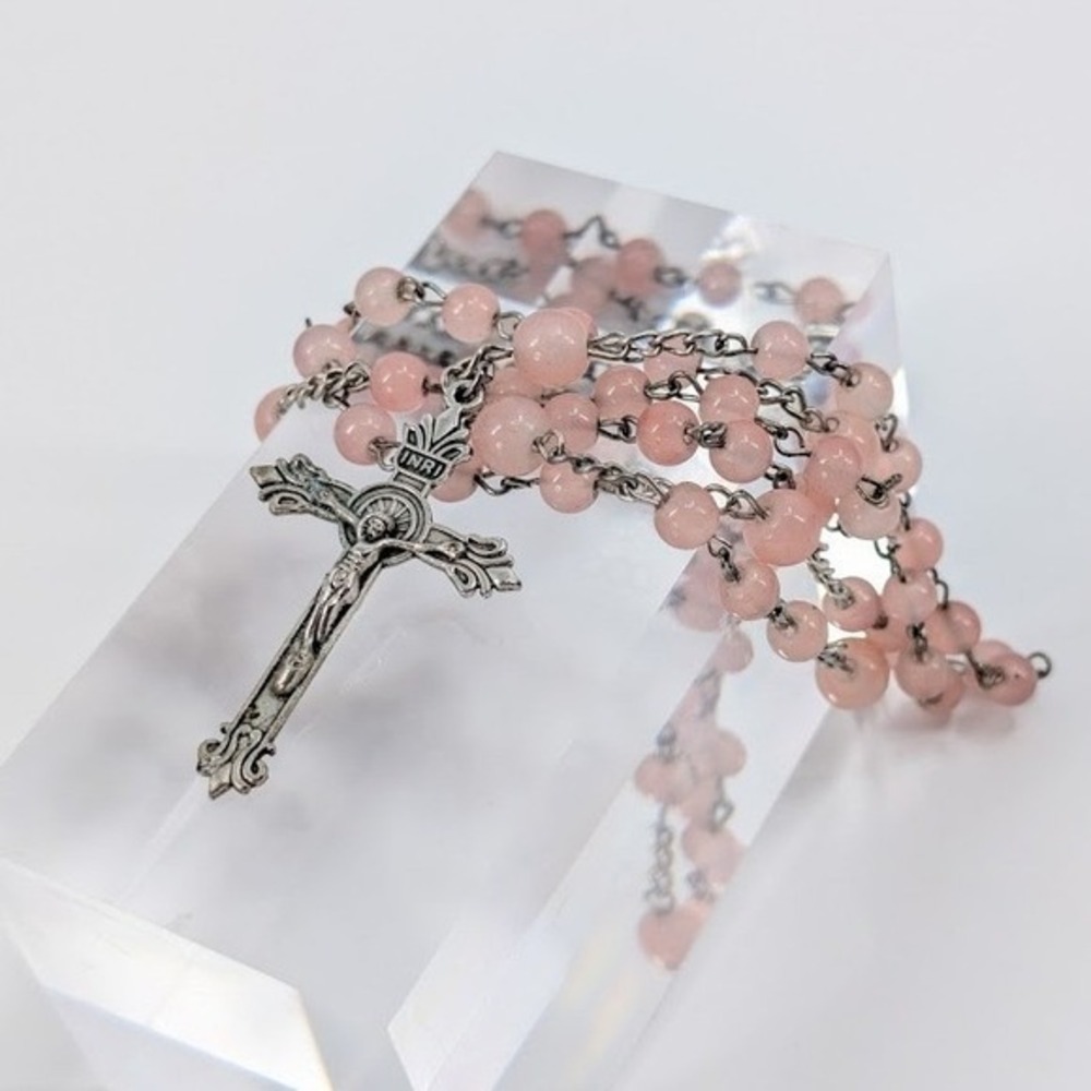 VTG Pink Bead Rosary Miraculous Medal Virgin Mary Silver Tone Crucifix Necklace - Picture 5 of 11